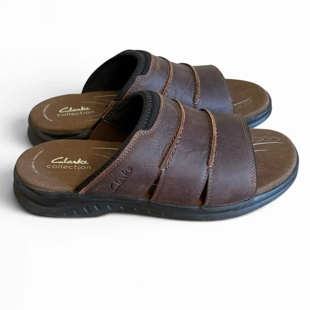 Clarks‎ Walkford Mens Brown Leather Slide Sandals Ultimate Comfort Size 10 M